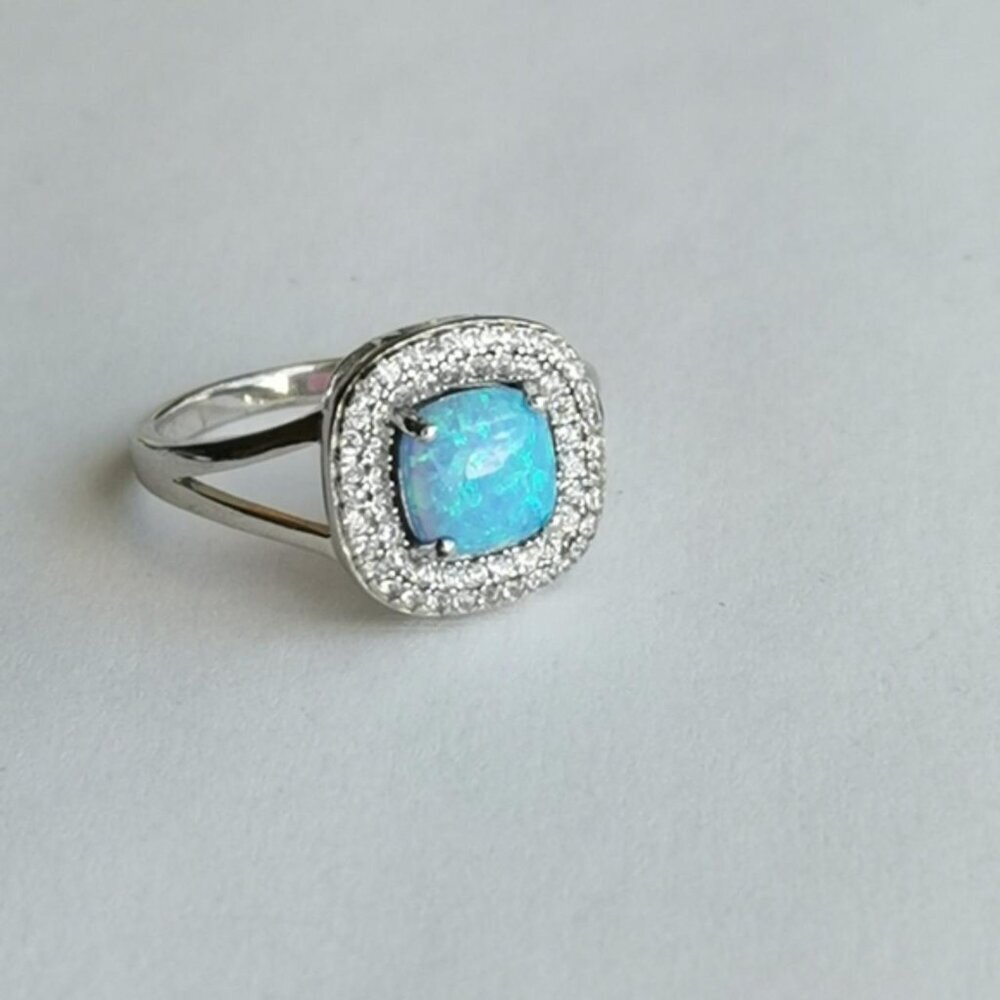 Blue opal CZ pave Halo Sterling silver ring size 8 🆕 - Picture 5 of 9